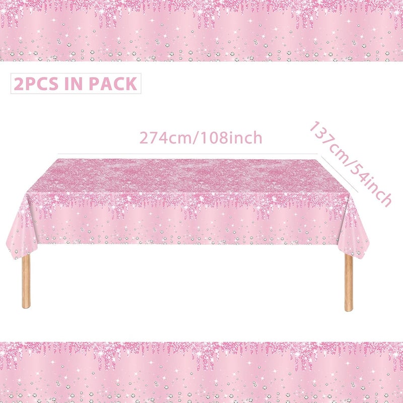 Mienocol 2pcs Pastel Pink Table Cloth Party Disposable Tablecloths,137 x274cm Shiny Glitter Diamond Pink Party Rectangular Dining Table Cover Baby Pink Tablecloths for Baby Shower,Wedding,Birthday Party Décor - Image 2