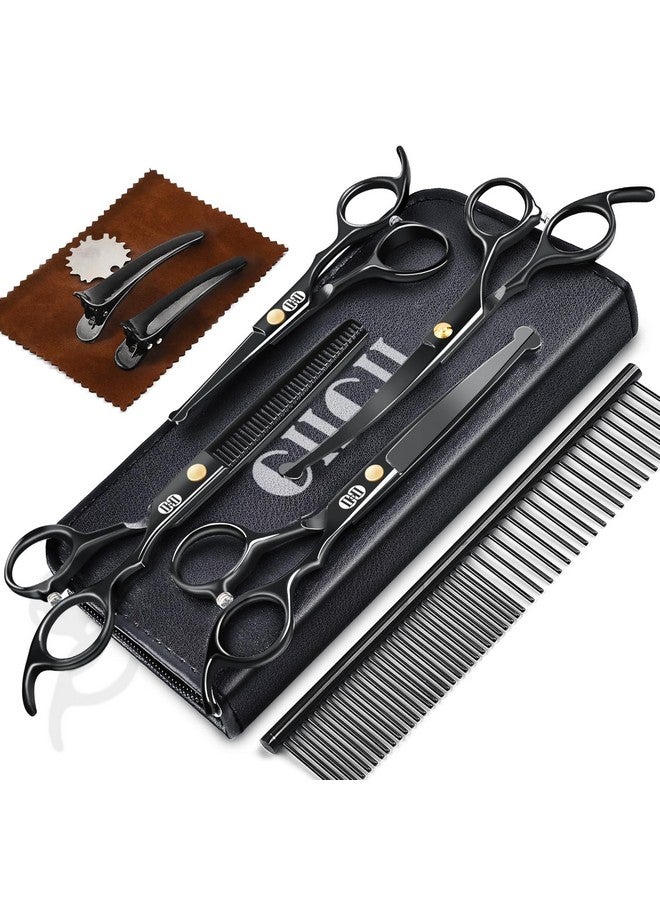 CIICII Dog Grooming Scissors Kit, 10-In-1 Professional Pet Grooming Scissors Set with Safety Round Tip (Dogs/Cat Hair Cutting Trimming Thinning Shears with Curved Scissors) for DIY Home Salon (Black) - Image 1
