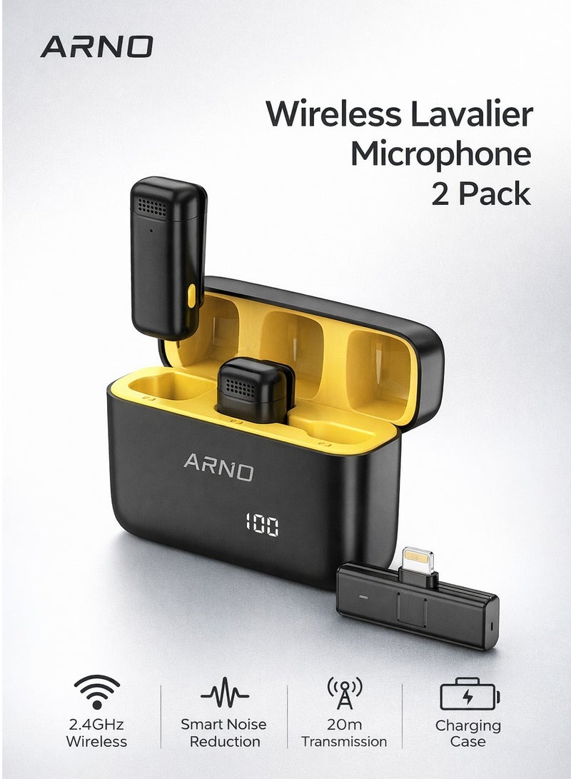 ARNO ميكروفون لافاليير لاسلكي مزدوج مع علبة شحن، قنوات مزدوجة 2.4GHz، ميكروفون لابيل سهل الاستخدام لهواتف آيفون وأندرويد، تقليل ذكي للضوضاء، مدى نقل 20م لتسجيل الفيديو والبث المباشر - Image 1