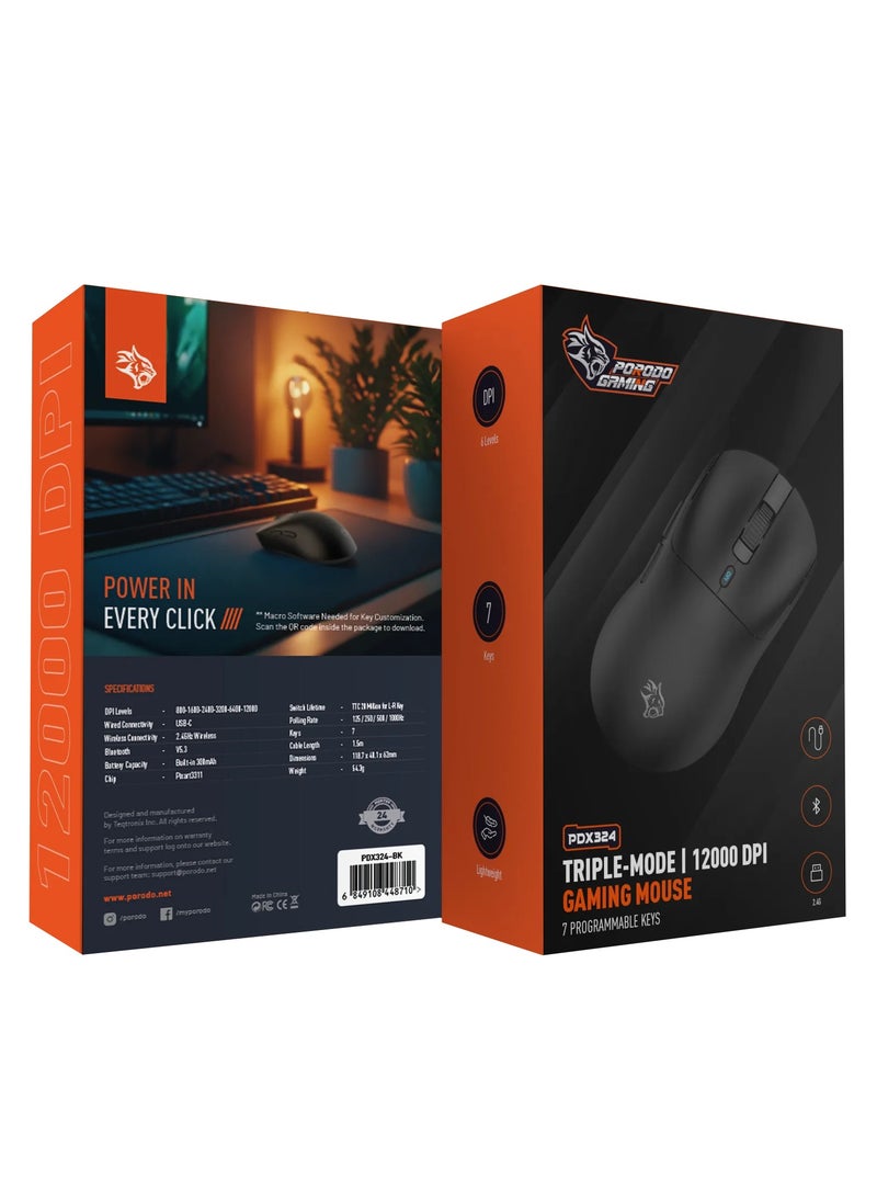 Triple-Mode 12000 DPI Gaming Mouse with 7 Programable Keys & 6 Level DPI / Bluetooth, Wired & Wireless Connectivity / Lightweight - Black