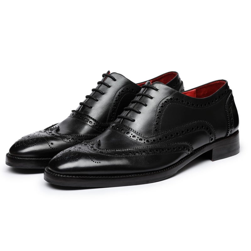 Lethato Wingtip Brogue Oxford Handcrafted Mens Genuine Leather Lace up Dress Shoes with Golden Color Metal Aglets Shoelace Tips Black