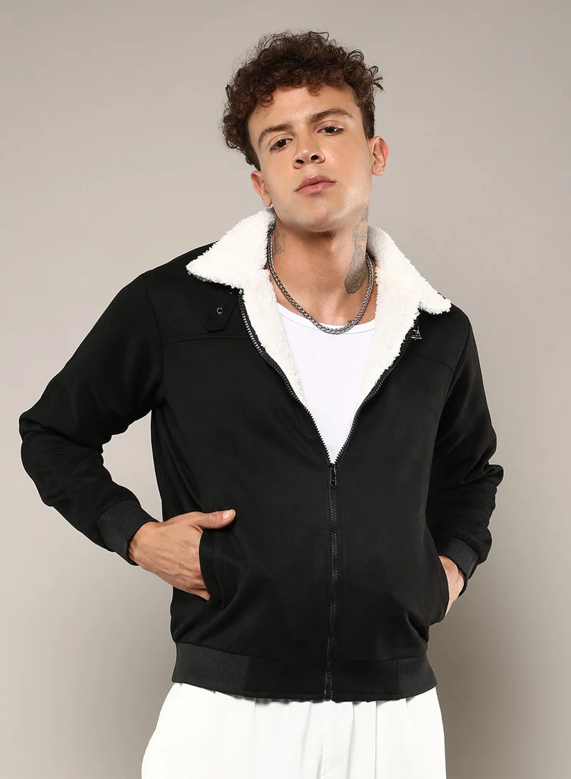 كامبوس سوترا جاكيت بومبر رجالي من جلد الغزال مبطن بالفرو بلون أسود سبج