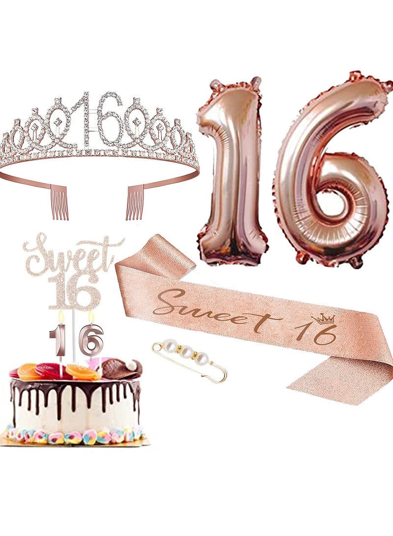 HIHILOOK 16th Birthday Decorations for Girls, Including 16year old Birthday Cake Topper, Birthday Queen Sash with Pearl Pin, Sweet Rhinestone Tiara Crown, Number Candles and Balloons Set, Rose Gold 
