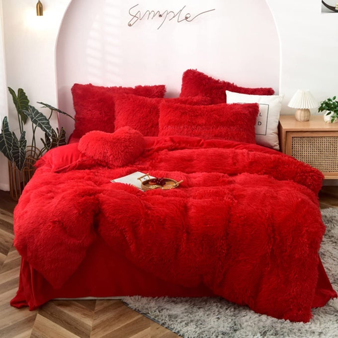 5 PCS SHAGGY DUVET COVER BEDDING SET LONG FAUX FUR LUXURY ULTRA SOFT RED KINGCALIFORNIA KING