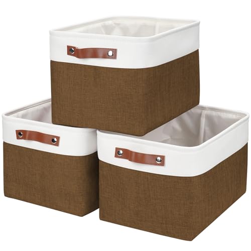 Bagnizer Storage Bins Large Fabric Storage Baskets for Shelves 3 Pack Decorative Linen Closet Baskets with Handles for Organizing Shelf Clothes Home Office 15x11x95Inches BrownWhite - Image 1
