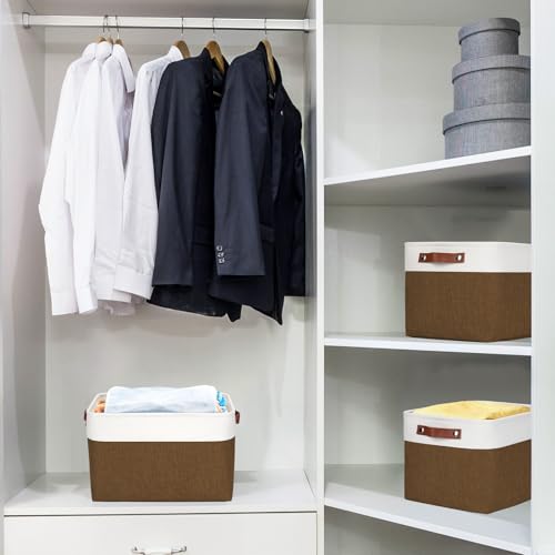 Bagnizer Storage Bins Large Fabric Storage Baskets for Shelves 3 Pack Decorative Linen Closet Baskets with Handles for Organizing Shelf Clothes Home Office 15x11x95Inches BrownWhite - Image 3