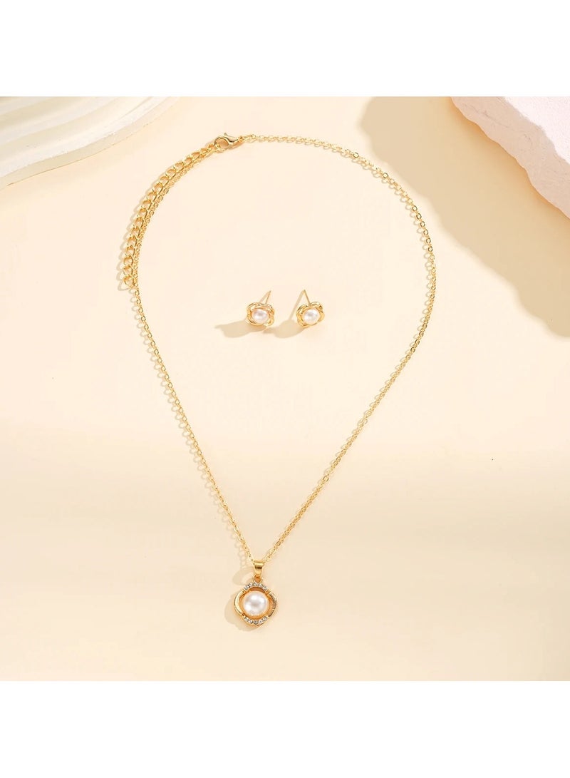 Huitich Gold Color Tone Pearl Pendant Necklace and Earring Set  - Image 2
