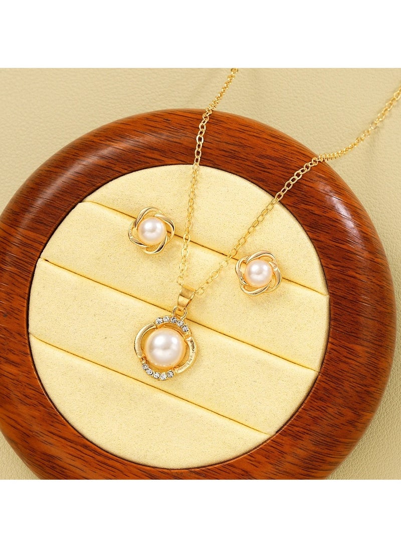 Huitich Gold Color Tone Pearl Pendant Necklace and Earring Set  - Image 3