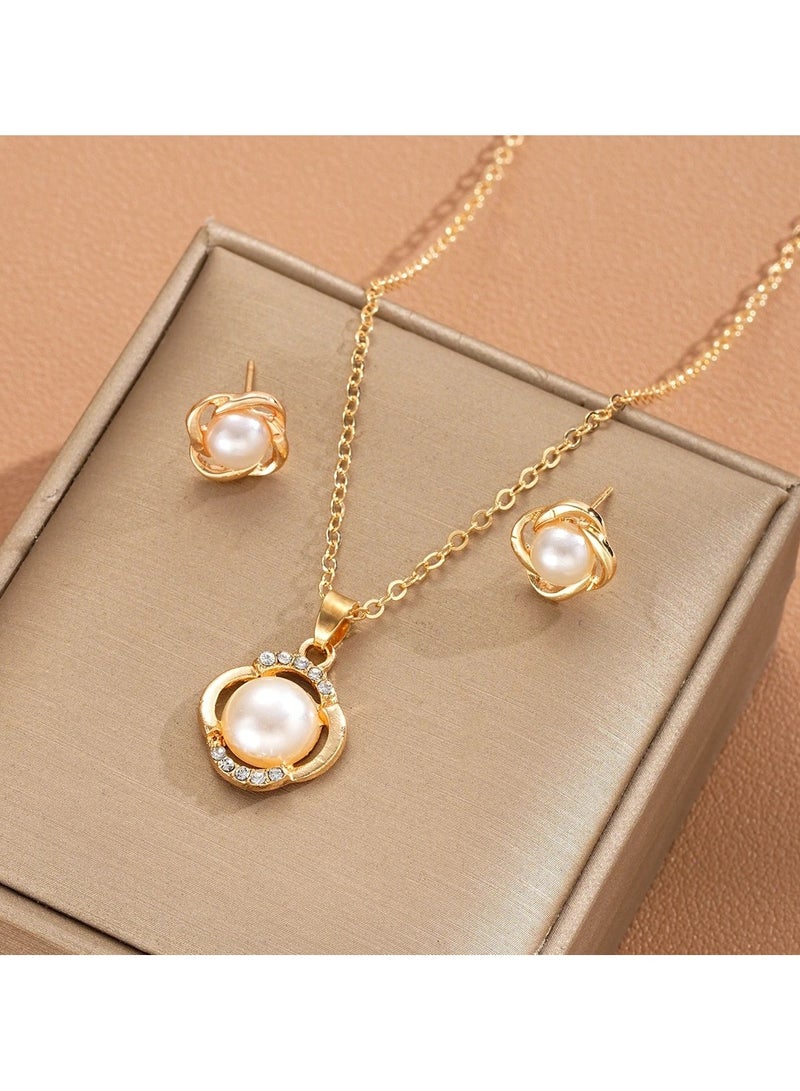 Huitich Gold Color Tone Pearl Pendant Necklace and Earring Set  - Image 4