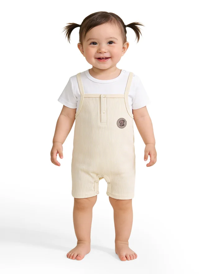 بابيز_بيسك Babies Basic Premium Ribbed Cotton Dungaree with Short Sleeves T-Shirt