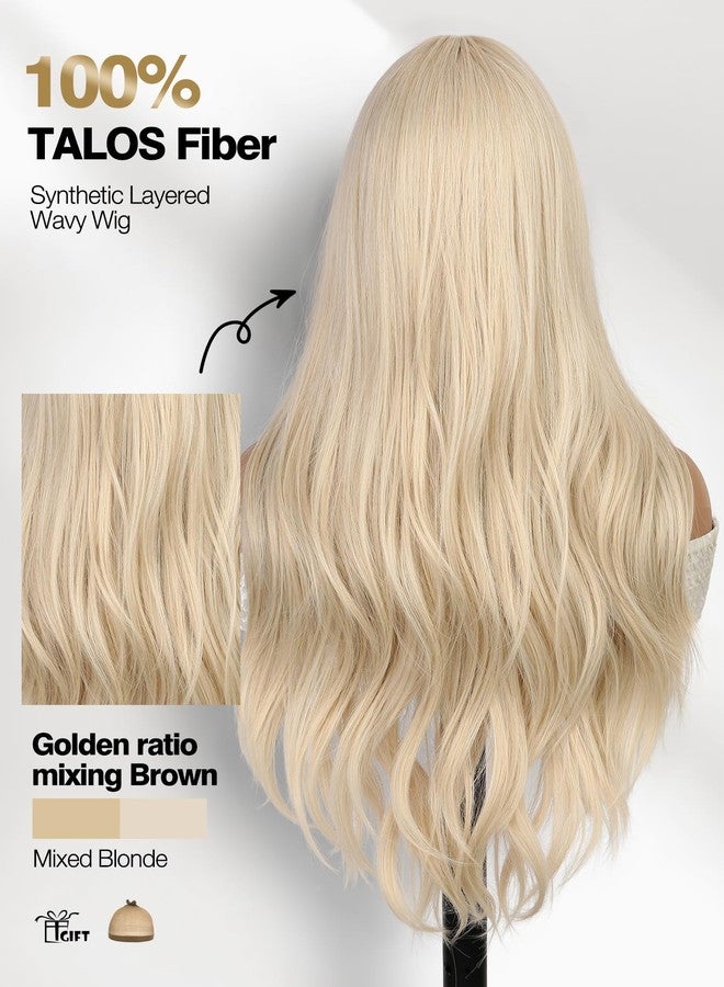 WIGER Mixed Blonde Long Wavy Wigs Middle Part Curly Wavy Layered Wig Glueless TALOS Synthetic Heat Resistant Fiber Wig for Women Cosplay Party Christmas (Blonde) - Image 2
