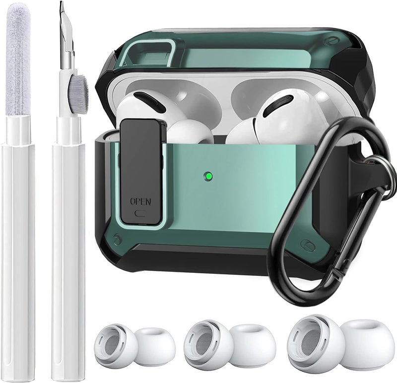 Olytop Case for AirPods Pro 2/1 Gen, Rugged Protective Cover with Cleaner Kit & Replacement Ear Tips (S/M/L), Keychain, Black/Green - Image 1