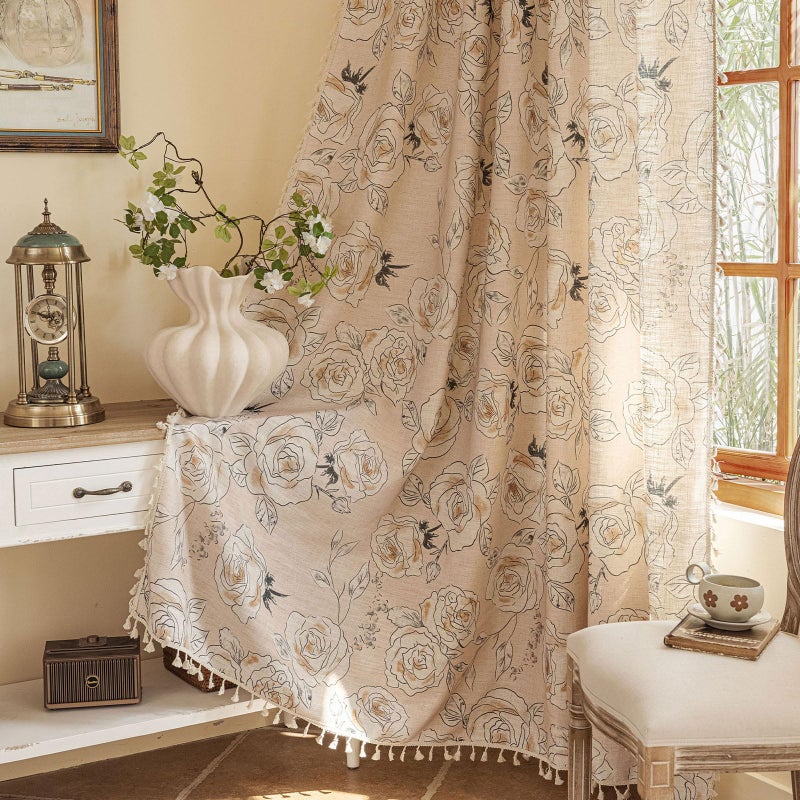 ستائر زفاف ENJOYBRIDAL مزخرفة بطول 96 بوصة 2 لوحات جيب قضيب كوكيت ستائر بوهو لغرفة النوم شبه شفافة جمالية ستائر نوافذ غرفة المعيشة مزينة بالورود مع زينة من الدانتيل