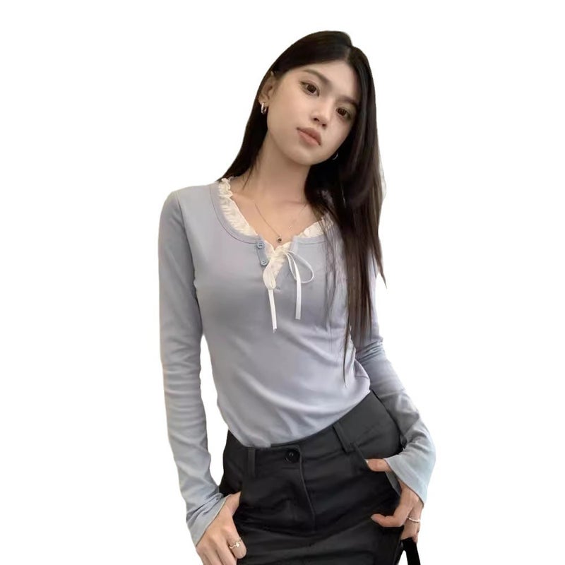PPHOME Sweet Spicy Lace Patched Long-Sleeve Velvet Tee Apricot - Image 3
