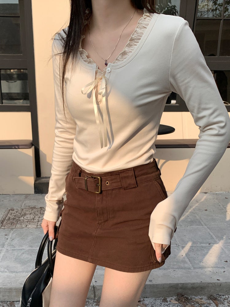 PPHOME Sweet Spicy Lace Patched Long-Sleeve Velvet Tee Apricot - Image 1