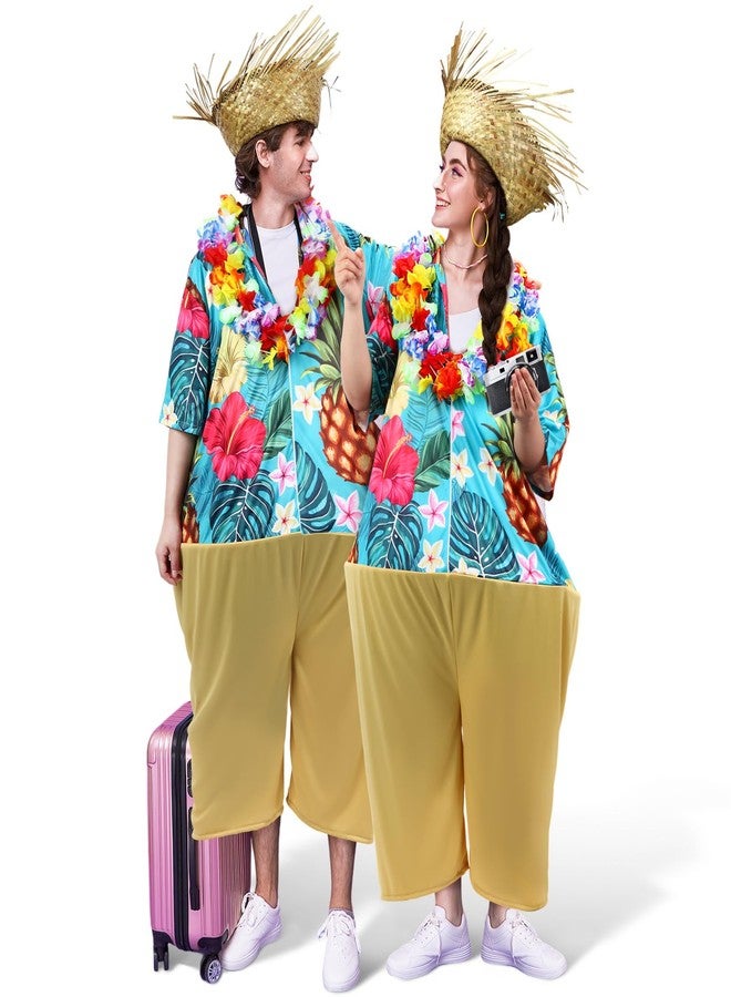 Toulite مجموعة أزياء تولايت المكونة من 6 قطع للبالغين، زي سائح مبتذل، زي مسافر مبتذل، أزياء للأزواج، قبعة قش، إكليل هاواي هولا، هالوين (كلاسيكي) - Image 1