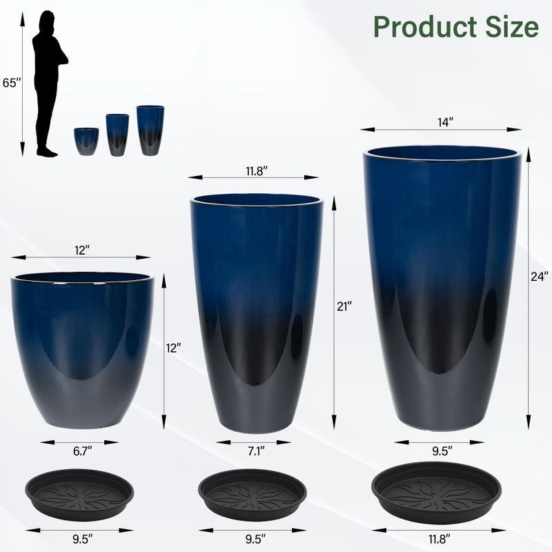 Neoaider 24/21/12 Inch Large Plastic Planter, Lightweight Ceramic-Look Tall Planters with Drain Hole & Saucers, Tall Plastic Planters for Porch, Garden, Patio, Balcony(Dark Blue) - Image 3