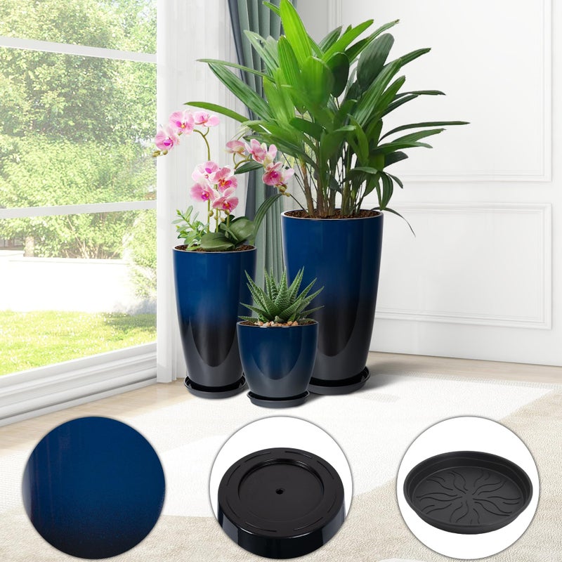 Neoaider 24/21/12 Inch Large Plastic Planter, Lightweight Ceramic-Look Tall Planters with Drain Hole & Saucers, Tall Plastic Planters for Porch, Garden, Patio, Balcony(Dark Blue) - Image 5