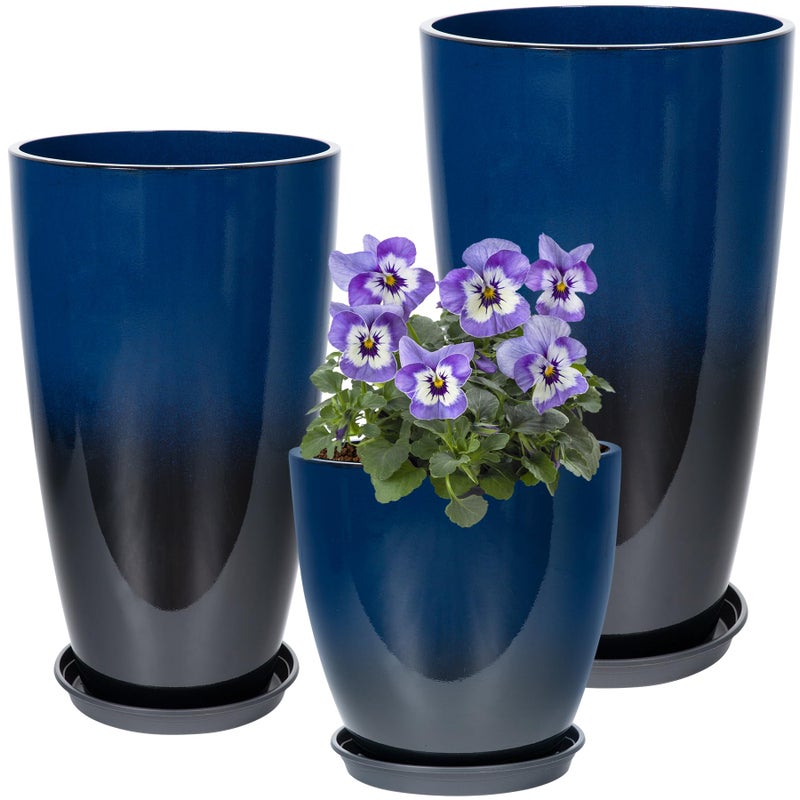 Neoaider 24/21/12 Inch Large Plastic Planter, Lightweight Ceramic-Look Tall Planters with Drain Hole & Saucers, Tall Plastic Planters for Porch, Garden, Patio, Balcony(Dark Blue) - Image 1