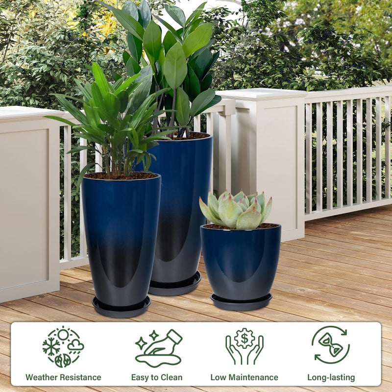 Neoaider 24/21/12 Inch Large Plastic Planter, Lightweight Ceramic-Look Tall Planters with Drain Hole & Saucers, Tall Plastic Planters for Porch, Garden, Patio, Balcony(Dark Blue) - Image 4