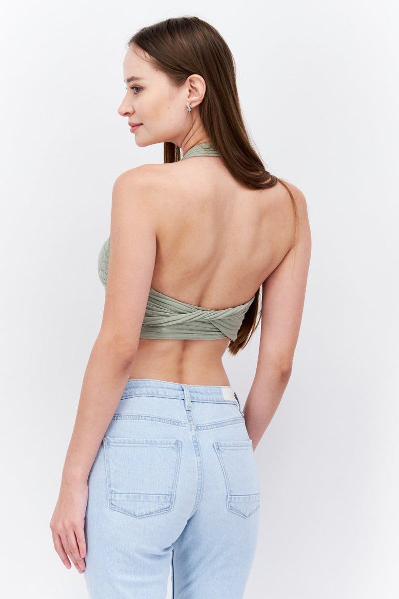 Endless Blu Women Halter Neck Sleeveless Textured Crop Top, Sage Green - Image 3