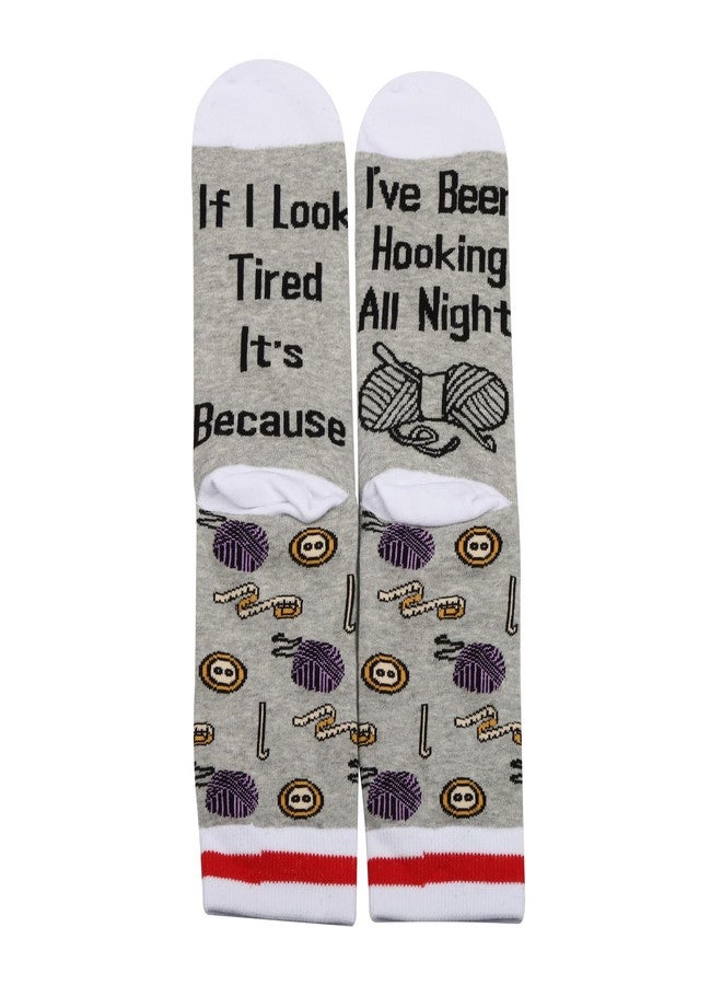 PXTIDY 1Pairs Crochet Gifts Socks Crochet Kits Lovers Gift Ideas If I Look Tired It's BecauseI've Been Hooking All Night Socks (Cotton, Hooking All Night sock) - Image 2