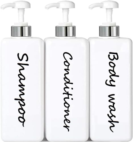 DIDROOM 21oz Shampoo and Conditioner Dispenser (Set of 3) Modern Refillable Shampoo Pump Bottles for Shower Soap - Empty Shampoo Conditioner Body Wash Dispenser Set - Stylish Permanent Labels - for Bathroom - Image 1