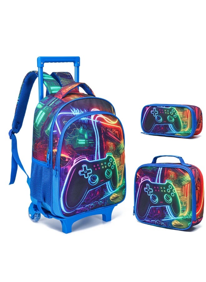 مجموعة من 3 حقائب ظهر متحركة للأطفال، حقيبة مدرسية بعجلات مع صندوق غداء وحافظة أقلام للأولاد، حقيبة ظهر طلابية بعجلات للمرحلة الابتدائية، رسومات لوحات ألعاب لطيفة، نيون - Image 1