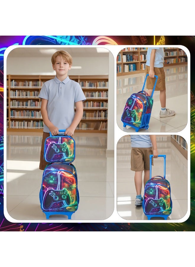مجموعة من 3 حقائب ظهر متحركة للأطفال، حقيبة مدرسية بعجلات مع صندوق غداء وحافظة أقلام للأولاد، حقيبة ظهر طلابية بعجلات للمرحلة الابتدائية، رسومات لوحات ألعاب لطيفة، نيون - Image 5