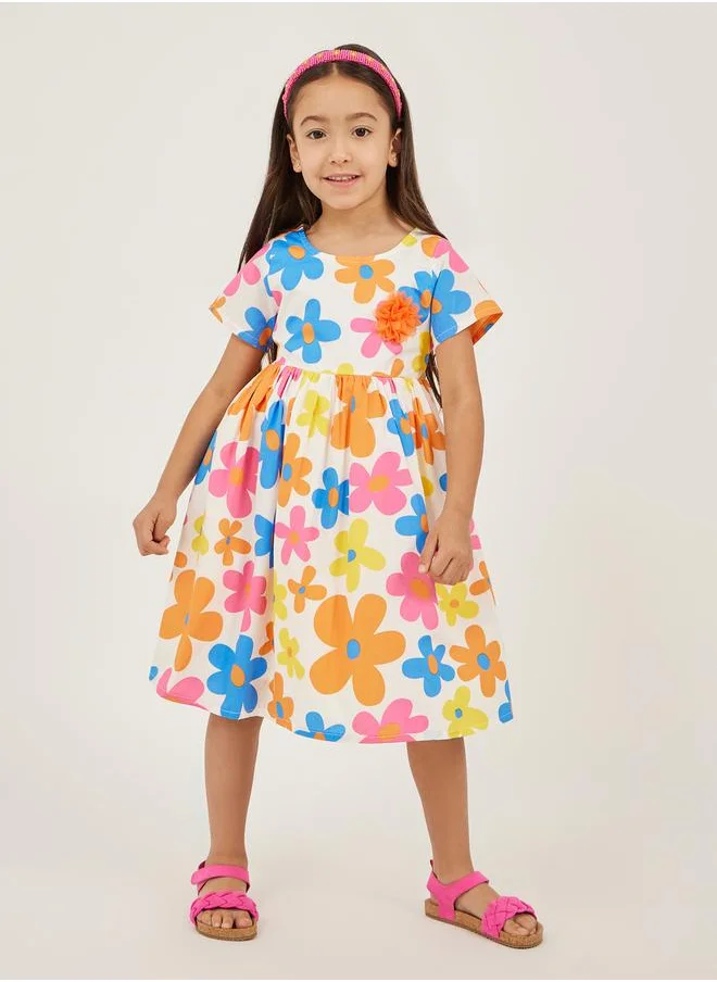 Styli Floral Print Short Sleeve A-Line Dress