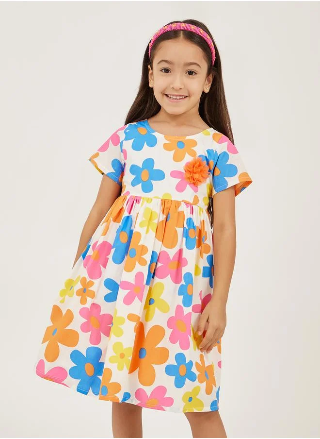 Styli Floral Print Short Sleeve A-Line Dress
