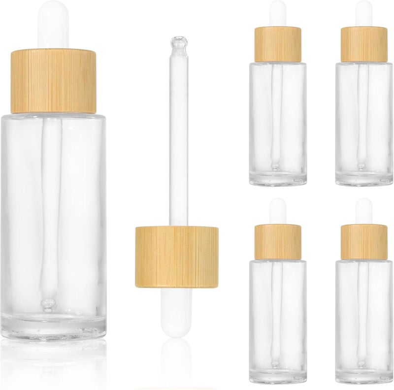COSIDEA 5PCS empty 50ml 167 oz clear glass bottles with wood bamboo dropper lids for serum essential oil DIY cosmetics oils containers travel perfume droppers bottle container