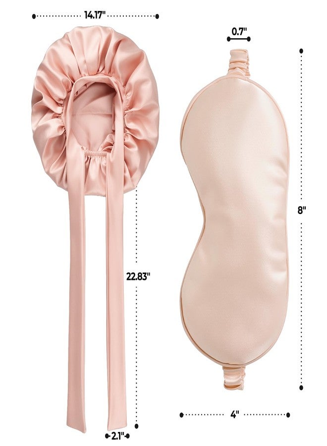 kullder Satin Bonnet for Sleeping & Silk Sleep Mask, 2Pcs - Soft Silk Bonnet for Sleeping Women, Blackout Eye Mask with Adjustable Strap for Women Men, Double Layer Hair Cap for Sleep with Tie Band- Pink - Image 2