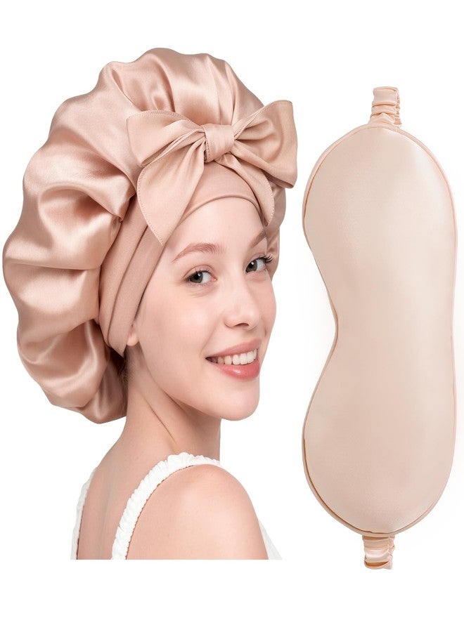 kullder Satin Bonnet for Sleeping & Silk Sleep Mask, 2Pcs - Soft Silk Bonnet for Sleeping Women, Blackout Eye Mask with Adjustable Strap for Women Men, Double Layer Hair Cap for Sleep with Tie Band- Pink - Image 1