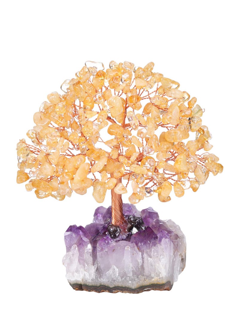 Jovivi Natural Citrine Healing Crystal Money Tree on Amethyst Cluster Geode Druzy Base Feng Shui Crystals for Home Office Desk Decorations Wealth Good Luck
