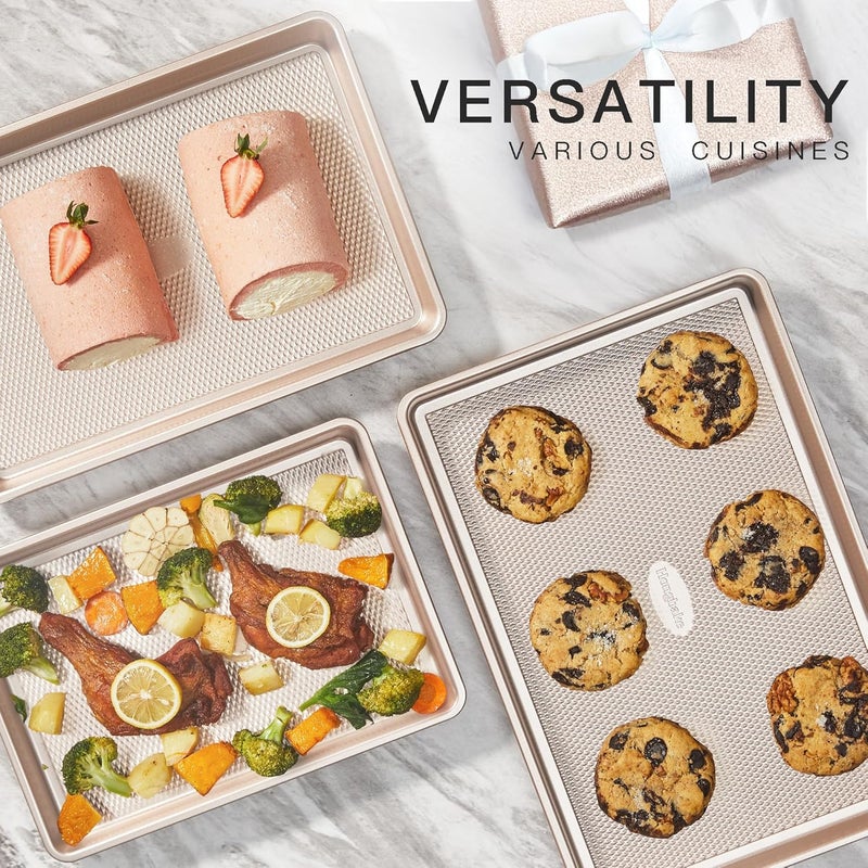 HONGBAKE Baking Sheet Pan Set, Cookie Sheets for Oven, Nonstick Half/Quarter/Jelly Roll Pans with Diamond Texture Pattern, Heavy Duty Cookie Tray - Image 4