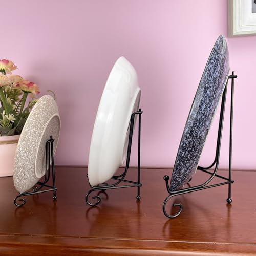 HENABLE 6PCS 3 Size Black Iron Plate Stands for Display - 4, 6, 8 Inch Decorative Metal Plate Holders - Mini Easel, Frame, Book, Card, Plaque, Bowl, Picture Display Stands - Image 2
