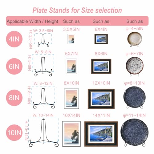 HENABLE 6PCS 3 Size Black Iron Plate Stands for Display - 4, 6, 8 Inch Decorative Metal Plate Holders - Mini Easel, Frame, Book, Card, Plaque, Bowl, Picture Display Stands - Image 3