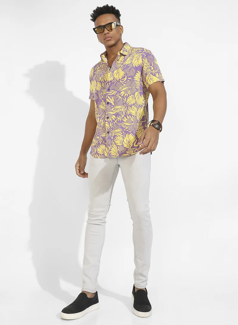 كامبوس سوترا Men's Lavender & Yellow Contrast Foliage Shirt