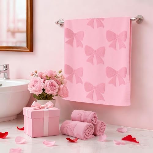 NZNDB 4 Pack Cotton Towel Set, Contains 2 Hand Towels 14x30in & 2 Wash Coths 14x14in, Pink Soft Bathroom Bow Towel Set, Highly Absorbent & Lightweight, Preppy Bath Decor Wedding Gift - Image 3