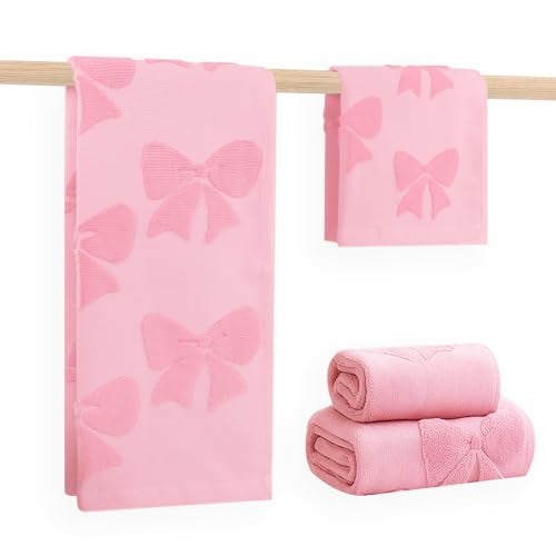 NZNDB 4 Pack Cotton Towel Set, Contains 2 Hand Towels 14x30in & 2 Wash Coths 14x14in, Pink Soft Bathroom Bow Towel Set, Highly Absorbent & Lightweight, Preppy Bath Decor Wedding Gift - Image 1
