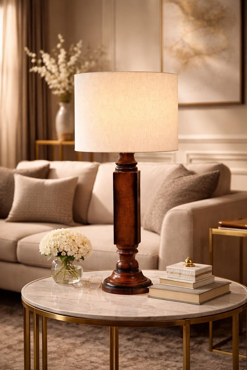 tu casa Mango Wood Table Lamp with Satin Cobra Saffron Print Shade | Handmade Rustic Bedside Lamp for Bedroom, Living Room & Home Décor - Image 4