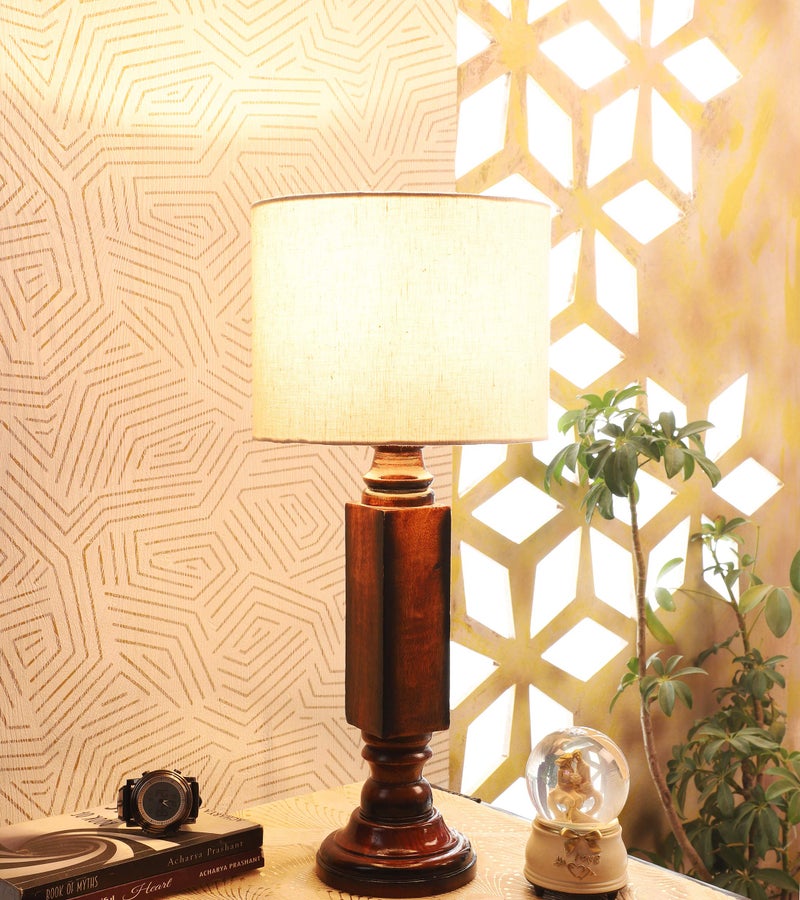 tu casa Mango Wood Table Lamp with Satin Cobra Saffron Print Shade | Handmade Rustic Bedside Lamp for Bedroom, Living Room & Home Décor - Image 1