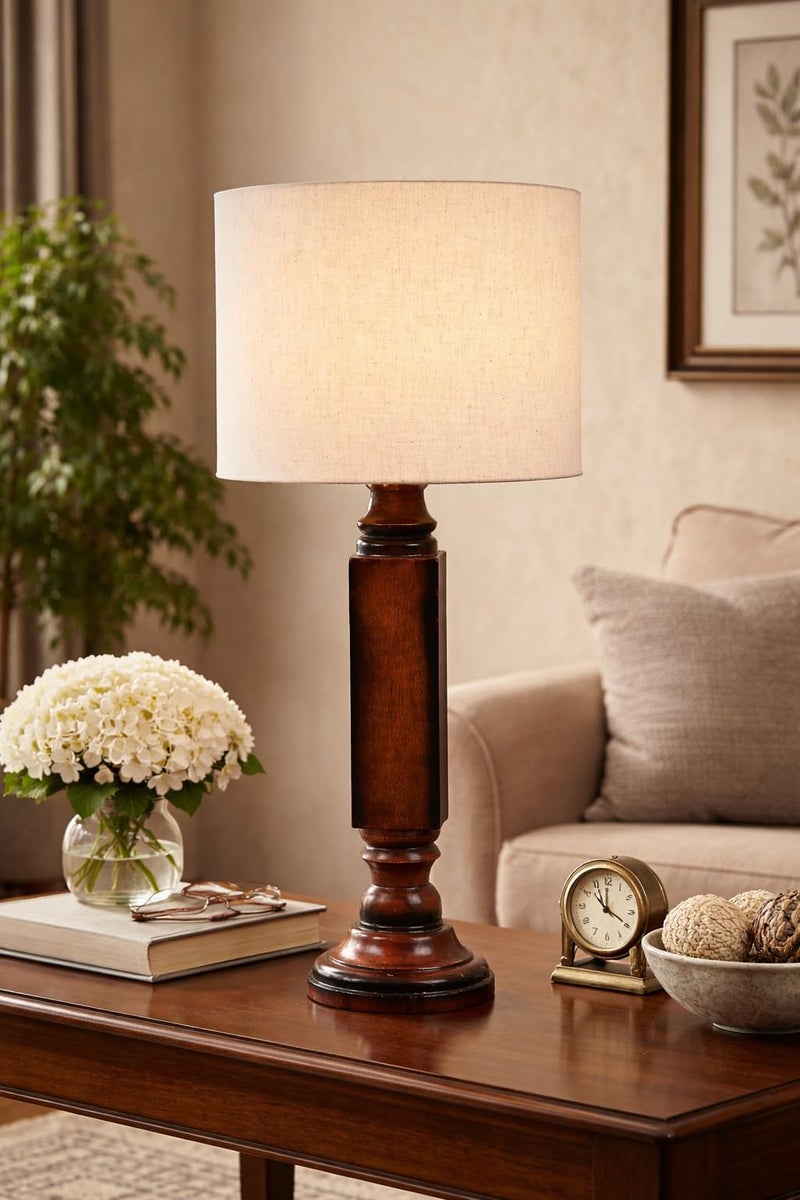 tu casa Mango Wood Table Lamp with Satin Cobra Saffron Print Shade | Handmade Rustic Bedside Lamp for Bedroom, Living Room & Home Décor - Image 2