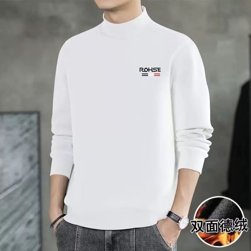 Mock Collar Base Shirt Men'S Mid-Collar Long-Sleeved T-Shirt Sweater Scrub Autumn Clothes Double-Sided Velvet Top Thermal Underwear - Image 2