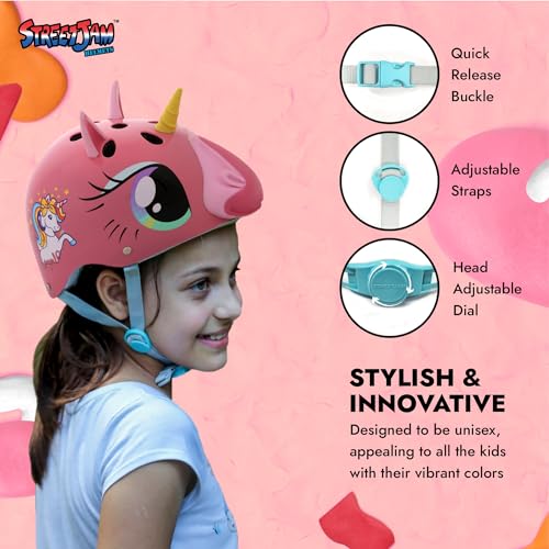 STREETJAM Magic Unicorn Open Face Sports Helmet for Kids, Hard PP Outer Shell, EPS Inner Comfort Linner case, Adjustable Strap & Adjuster Dial, Unisex Helmet for Cycling(8-13 Years, Pink) - Image 4