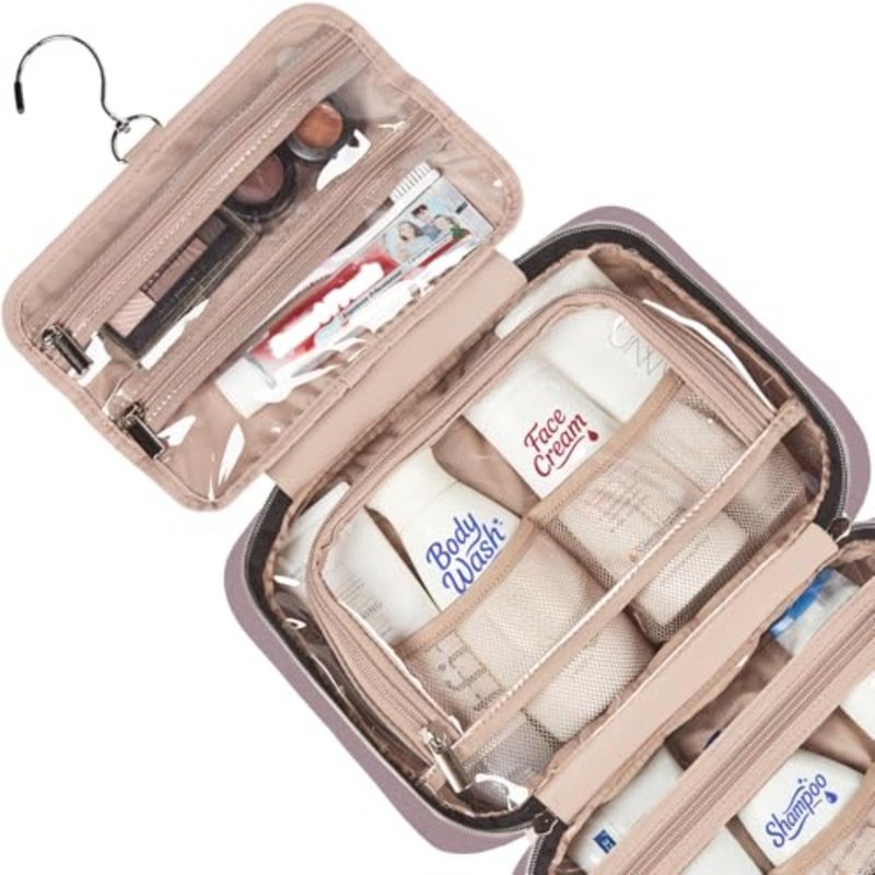 Travel toiletry bag for women: portable hanging organizer in navy blue nylon, holds full-sized shampoo, conditioner, brushes, and travel-size accessories - Image 4