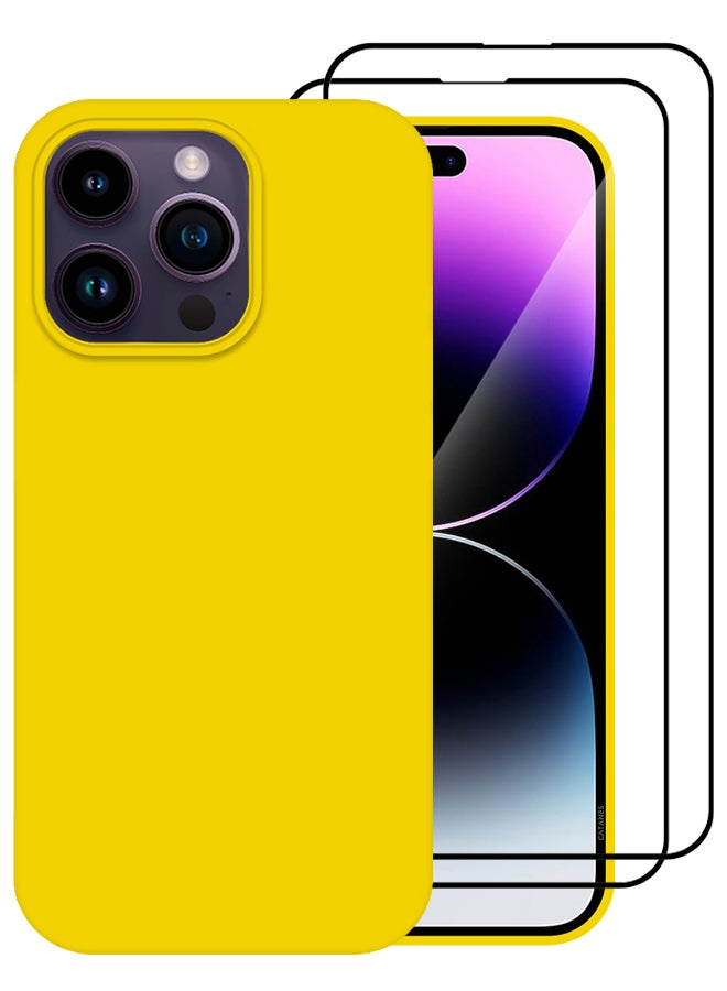 CATANES حزمة 3 لأغطية iPhone 14 Pro Max و 2 واقي شاشة غلاف سيليكون كامل الجسم واقي للصدمات غلاف هاتف نحيف مضاد للخدش بطانة ميكروفايبر ناعمة أصفر - Image 2