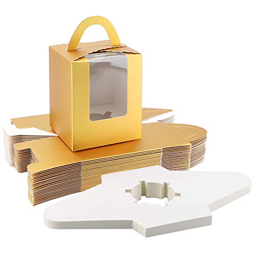 EUSOAR Gold Cupcake Boxes 25pcs 36x 36x 43 Single Cupcake Carrier with Window Insert and Handle Kraft Pastry Containers Muffins Cupcake Carriers for Bakery Wrapping Party Favor Packing