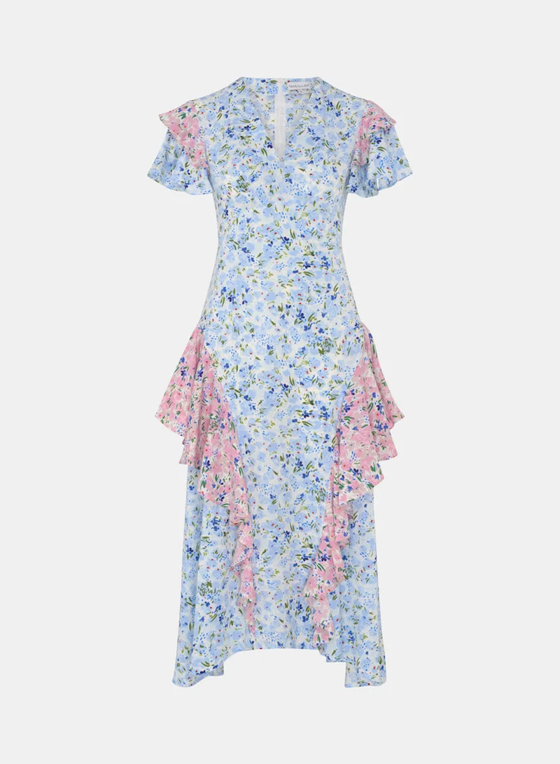 Blue Ditsy Floral Ruffle Mix and Match Midi Dress